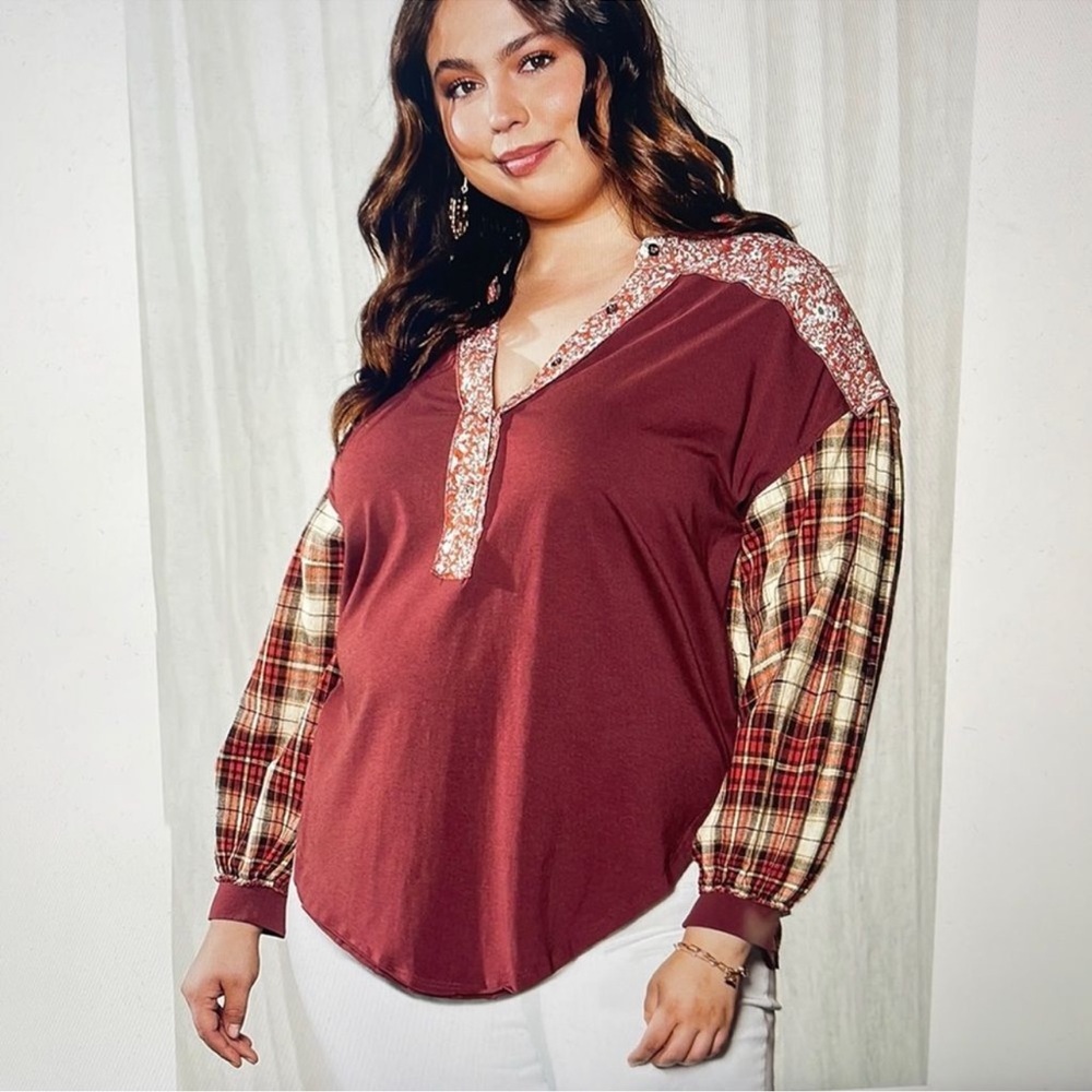 Bohemian Floral Plaid Tunic Top Shirt Red Orange Plus Size 2X